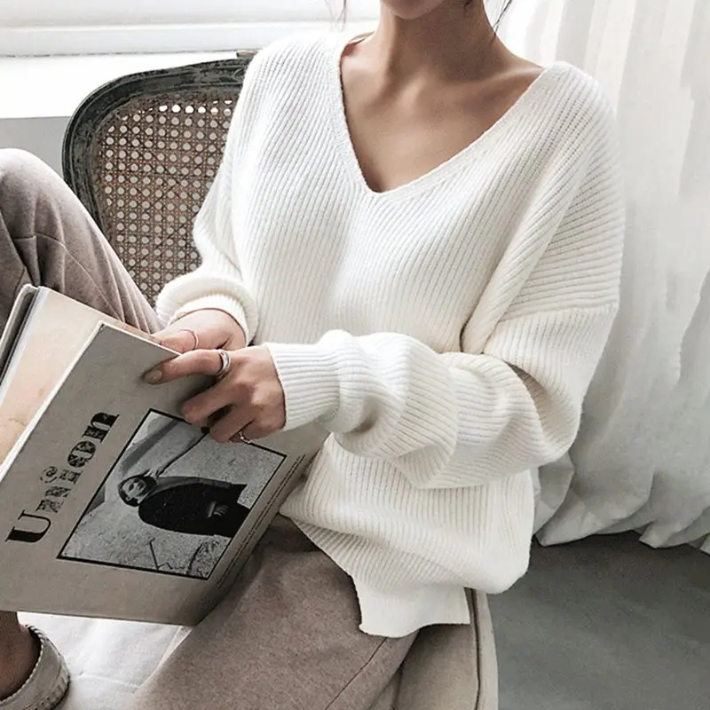 

Autumn V-Neck Sexy Knitted Sweater Women Plus Size Pullovers Female Sweater 2019 Winter Elegant Loose Korean Sweaters Lady Tops