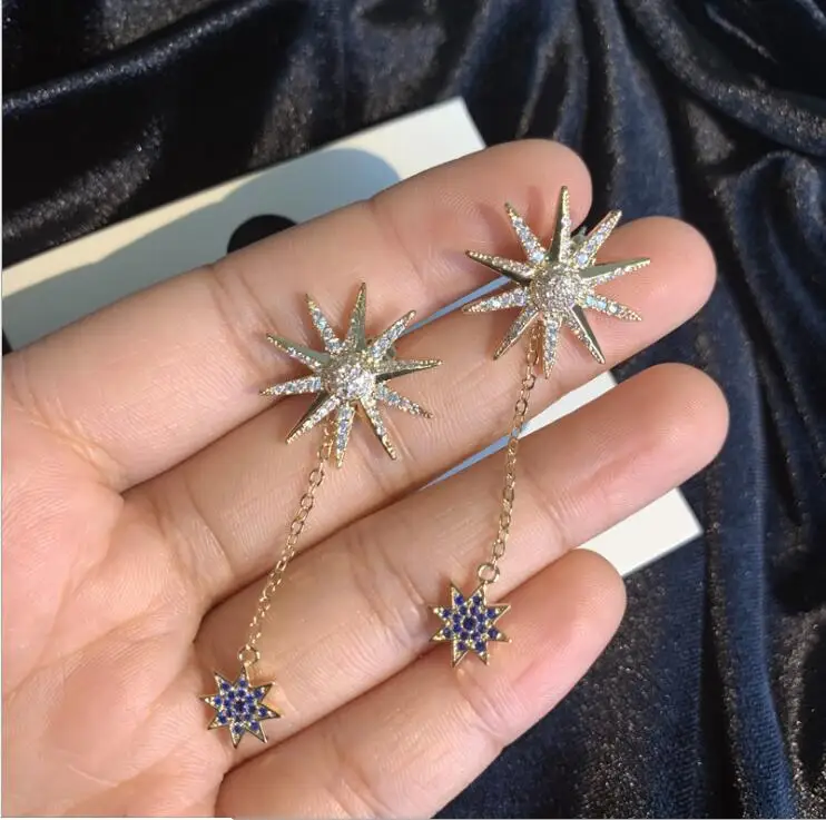 

women S925 Silver Post Sun Flower Earrings Long Tassel Blue Eight-Star Stud Earrings Front and Back 2 Earrings