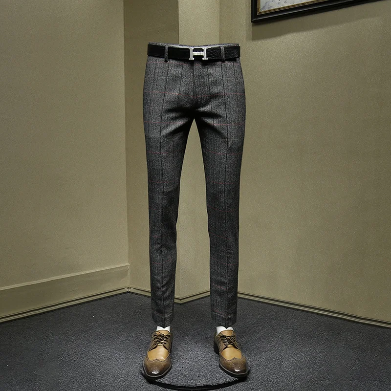 

30% wool men pants 2019 new arrivals streetwear slim young man pant autumn winter grey plaid thicken mens fashion trousers 30 36