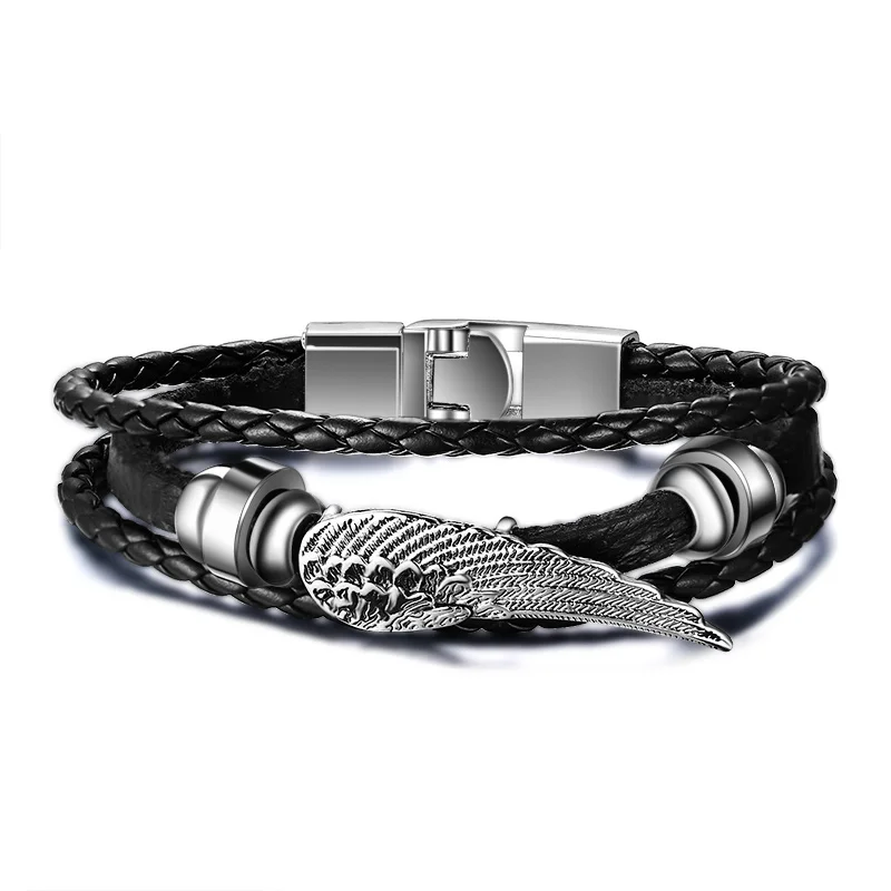 Korean Version Of Stainless Steel Accessories Multi-layer Braided Leather Angel Wings Bracelet Fashion Small Jewelry For Men | Украшения и