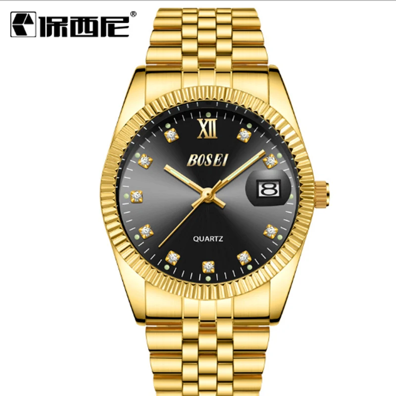 Men And WomenLovers Golden Trend Waterproof Calendar Luminous Diamond Business Sports Steel Band Multifunctional Quartz Watch