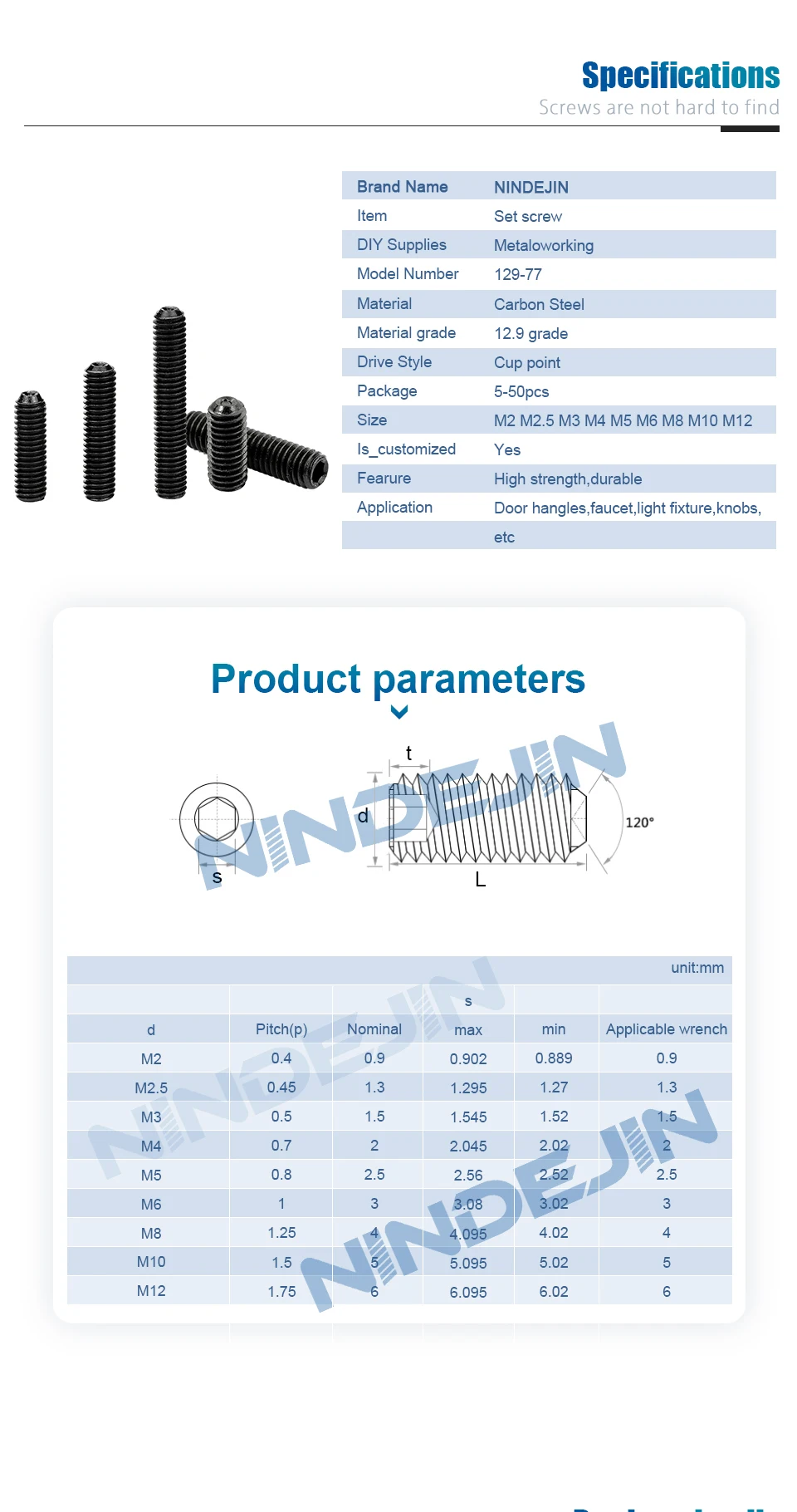 NINDEJIN Sechskant-Innensechskantschraube, Gewindestift, Madenschraube, M2, M3, M4, M5, M6, M8, M10, M12, 12,9, Kopfschraube aus Kohlenstoffstahl, DIN916 – Detail 12