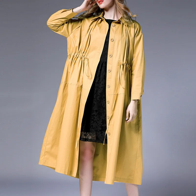 

Fashion Tide New Fashion Loose Turn-down Collar Windbreaker Long Section Drawstring Single-breasted Spring Clothes Coat BD199