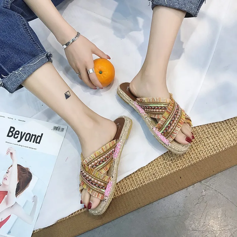

Fisherman Shoes Women's 2019 Summer New Style Korean-style Flat Straw Rope Cross Broadband Tassels Line-styled Outer Wear Slippe