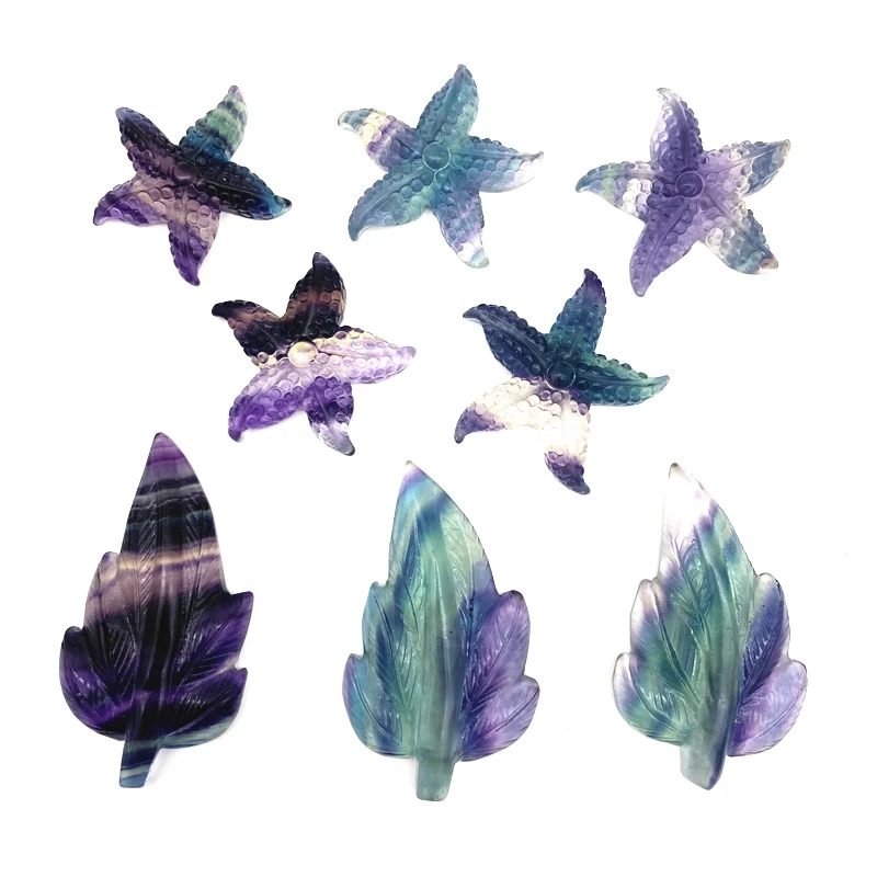 

Drop Shipping 1pc Fluorite Rainbow Starfish Leaf Shaped Hand Carved Crystal Quartz Decorative Natural Stones and Crystals