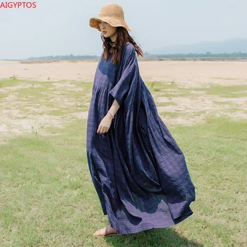 

AIGYPTOS 2020 new loose literary retro plaid long lengthened oversized cotton and linen robe temperament slim travel dress