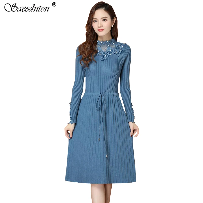 

Ruffles Elegant Winter Bottoming Dress 2019 Autumn Woman Fashion Lace Elastic Waist Beading Office Lady Knitted Bodycon Dresses