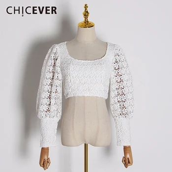 

CHICEVER Lace Hollow Out Blouses For Female Square Collar Lantern Long Sleeve Tunic Short Shirts Women Fashion Clothing 2020 New