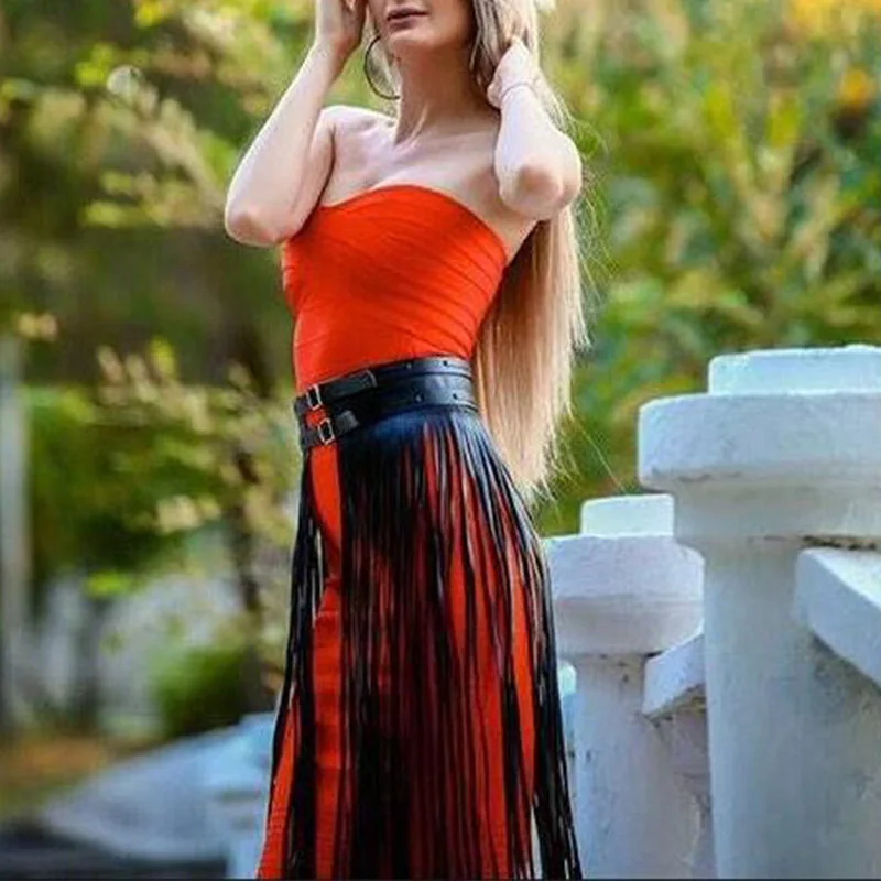 Saias de Couro do Plutônio Saia para Feminino Moda Boho Sexy Feminina Cinto Longo Borla Saia Clube Festa Magro Franja Preto Decora 3 do plutônio cinto longo borla saia clube