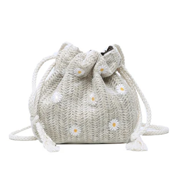 

New Women Small Daisy Straw Bag Drawstring Crossbody Bag Summer Beach Bags Handbag Khaki / Blue / Pink