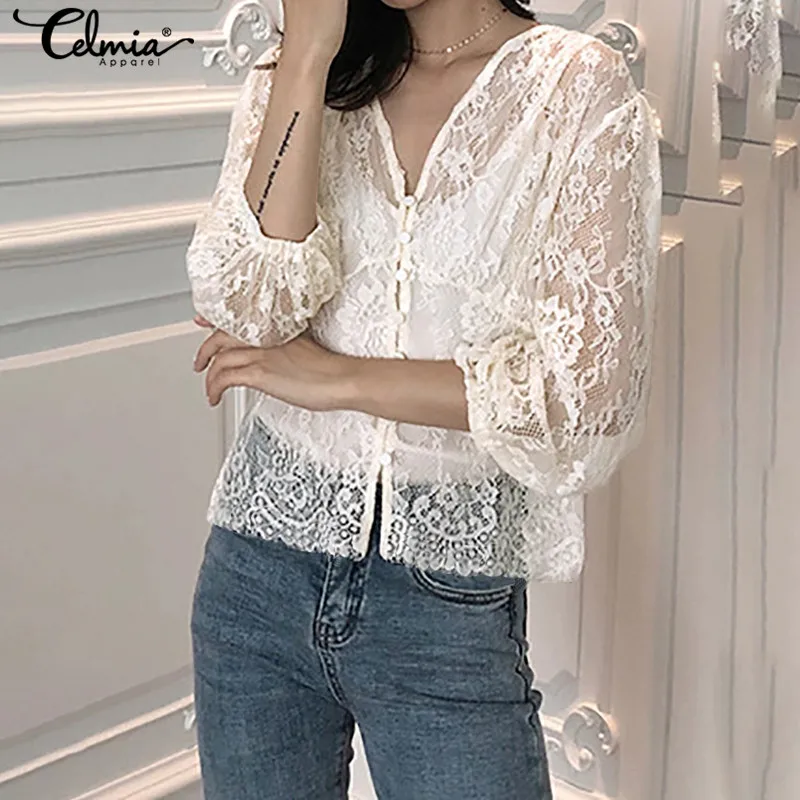 

Top Fashion Celmia Hollow Out Blouses Women 2020 Fashion Lace Lantern SleeveTops Casual Sexy Shirts Elegant Streetwear Blusas