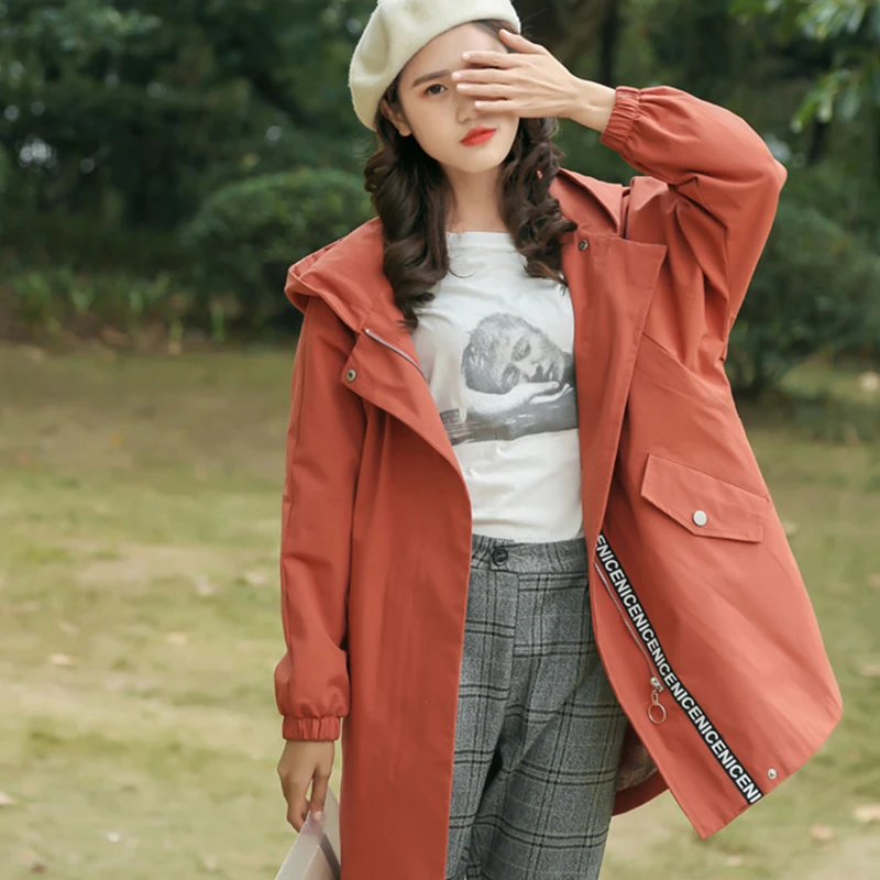 

Ailegogo Casual Women Hooded Loose Fit Trench Coat Fashion Streetwear Female Zipper Nice Letter Pocket Long Outwear 5 Color Tops
