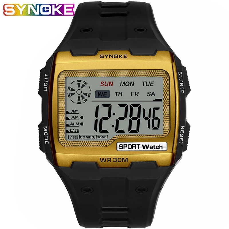 SYNOKE Мужские квадратные цифровые часы светящиеся многофункциональные спортивные водонепроницаемые мужские часы светодиодный дисплей цифровые наручные часы - Цвет: gold