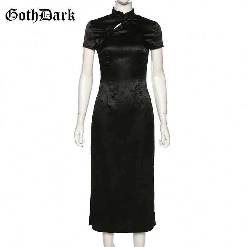 Готическое темно-черное винтажное готическое платье Cheongsam зима эстетическое гранж-панк эмо миди платье Готический стиль Вышивка Сращивание