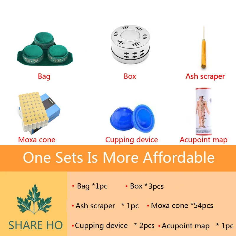 one set SHARE HO зеленый бархатный мешок для бездымного прижигания коробка китайские палочки мокса горелка иглоукалывание меридиан Отопление терапия теплые для женщин - Цвет: one set