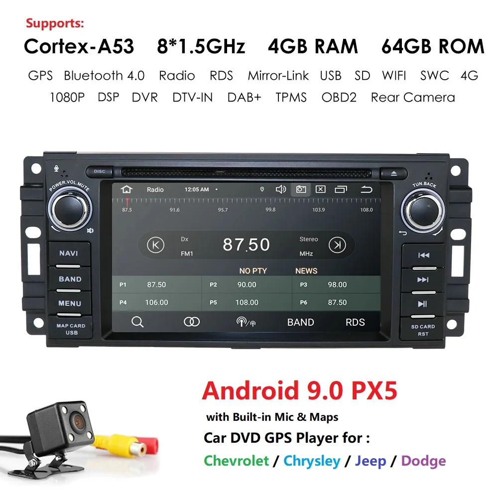 

Car DVD GPS Navi Radio Stereo For Dodge RAM Chrysler 300C/Jeep Grand Cherokee Android 9 4G 64G PX5 Octa Core DTV RDS DVR OBD Cam