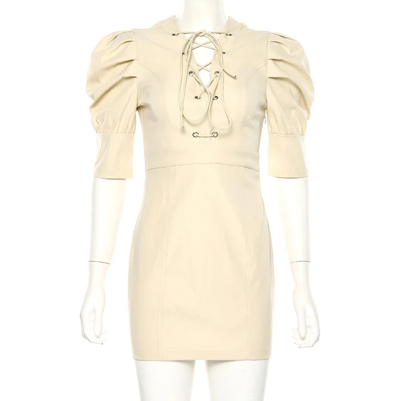 Elegant Puff Sleeve Hip Package Khaki Dress Women Sexy V Neck Criss Cross Bandage Outfits Street Fashion Mini Vestidos