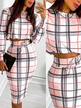 

2021 Fall New Houndstooth Print Long Sleeve Crop Top Drawstring Skirt Suits Bodycon Casual Female Chic Sets