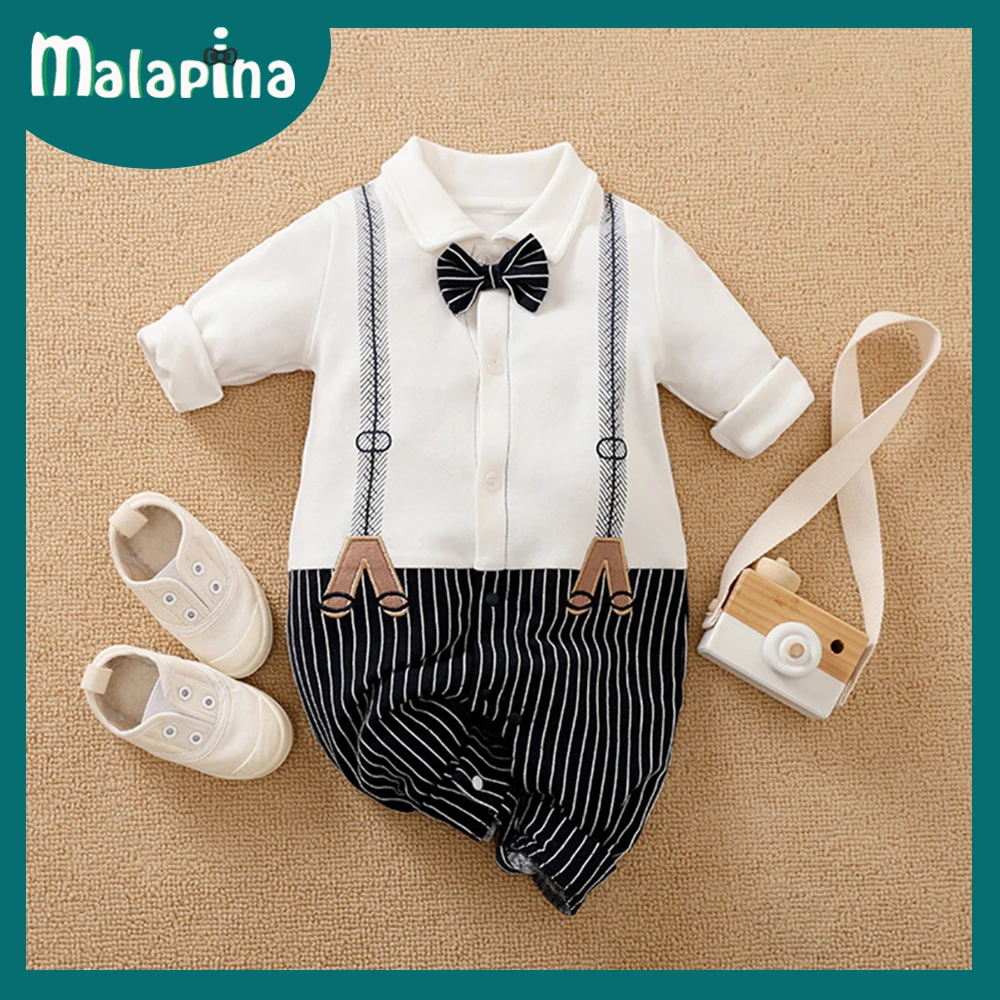 Cotton baby suit Malapina Newborn Baby Boy Rompers Summer Clothes Infant Short Sleeve Jumpsuit Overalls Outfit with Bow Tie Toddler Girl Clothing black baby bodysuits	 Baby Rompers