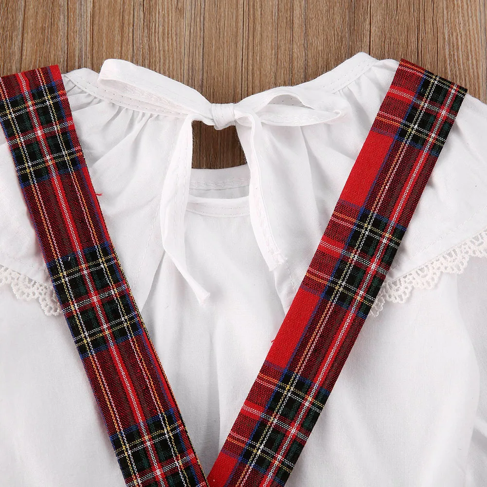 2Pcs Christmas Outfit Toddler Baby Girl Clothes Ruffle Long Sleeve Top+ Plaid Strap Skirt Free Shipping