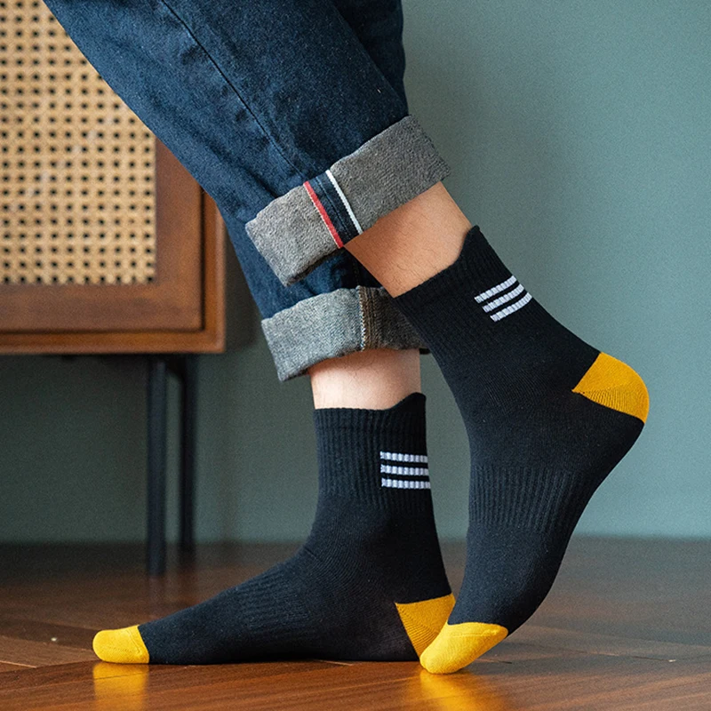 5 Pairs Pack Men Socks Color Contrast Stripe Cotton Sock Comfortable Breathable Sports Running Knee-High Socks Women Sports Sock