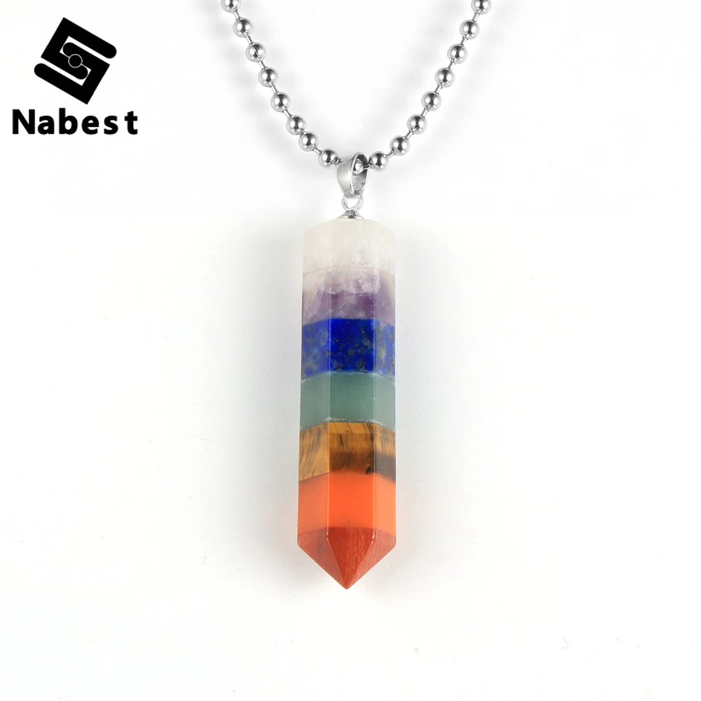 

Natural Stone 7 Chakras Bullet Hexagonal Column Pendant Necklace Energy Healing Crystal Divination Pendulum Jewelry For Women