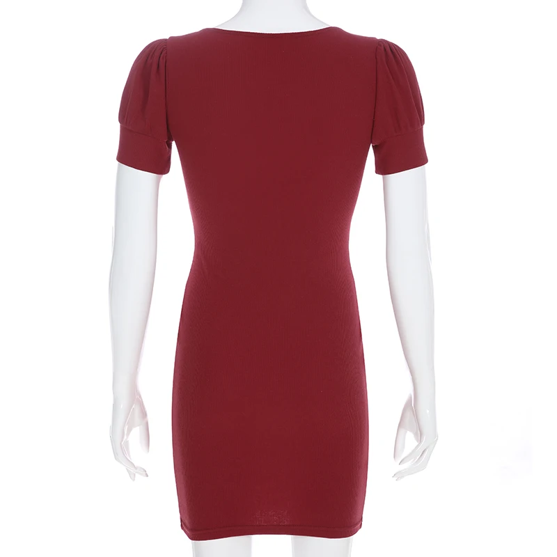 Rapwriter Vintage Square Collar Ruched Short Sleeve Slim Knitted CottonPencil Dress Women New Casual Mini Dress Vestodo