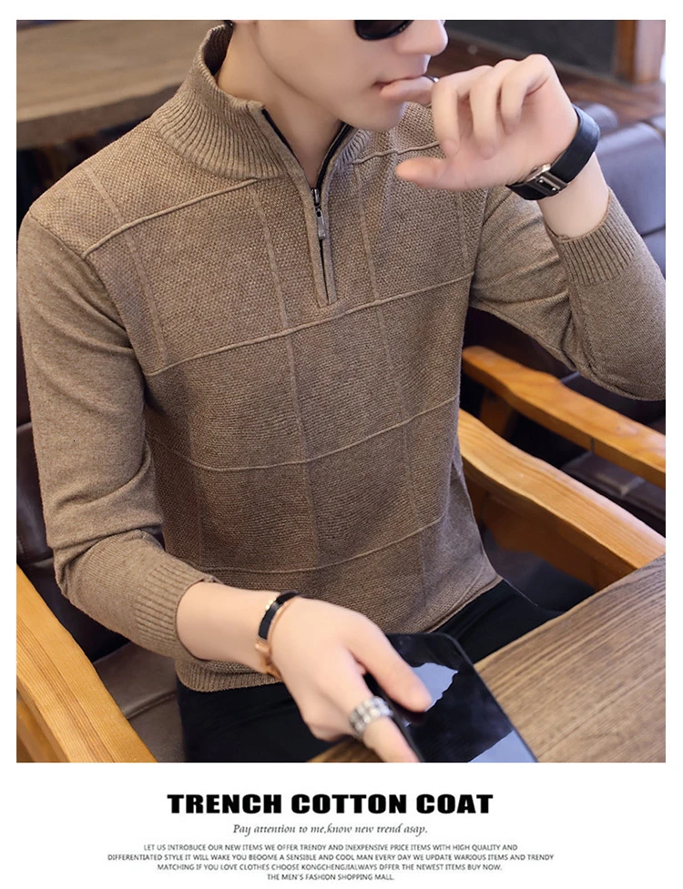 Мужская одежда, свитер для молодых мужчин на молнии, пуловер с высоким воротом, вязаный Топ, цветной Повседневный свитер, облегающий вязаный пуловер