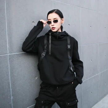 

Loose Fit Black Buckle Split Sweatshirt New Hooded Long Sleeve Women Big Size Fashion Tide Spring Autumn 2020
