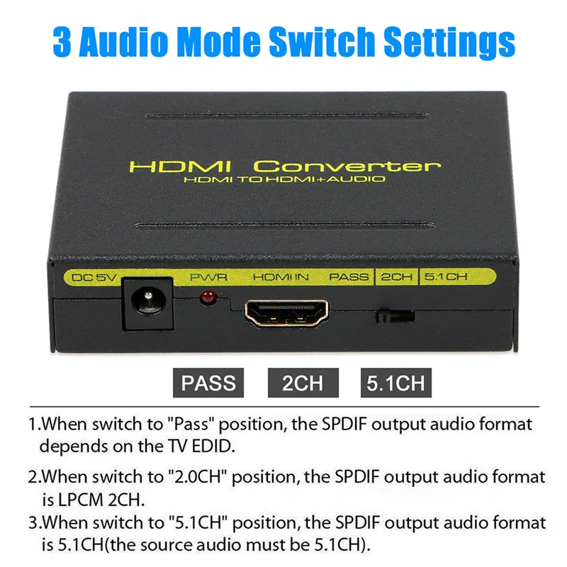 HDMI к HDMI оптический+ SPDIF+ RCA L/R преобразователь аудио сплиттер адаптер 1080P AC адаптер питания