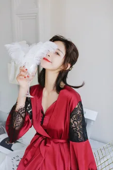 

Women's pajamas spring new sexy sling pajamas nightgown with chest pad ice silk long-sleeved pajamas two-piece suit home Wear