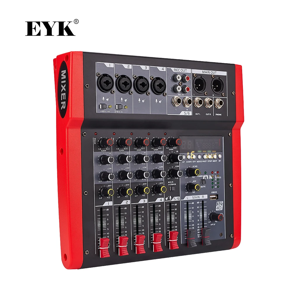 EYK EFX6 Mixing Console DC 5V 16 DSP Effects 6 Channel 4 Mono 1 Stereo Audio Mixer with XLR Output Bluetooth USB Play Record