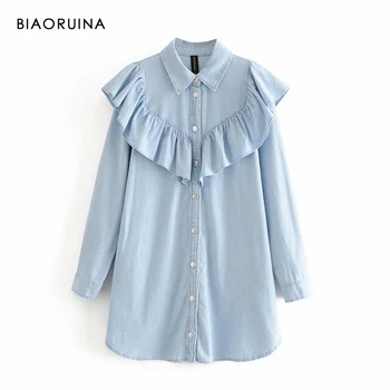

BIAORUINA Women's Single Breasted Denim Light Blue Shirt Dress Ruffles Turn-down Collar Office Lady Fashion A-line Dress