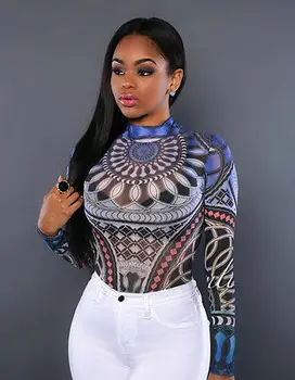 

New Women Long Sleeve Sexy Bodysuit Sheer See Through Geo Pattern Jumpsuit