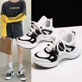 

Ins Bow Bottom Old Shoes Women Thick Bottom Lace Up Casual Sports Running White Women Chunky Shoes Off White Patchwork Sneakers