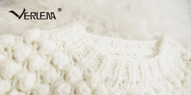 Verlena Loose Thick Autumn Winter Mahair Jumper Solid Blue Bobble Chunky Knitted Sweater Women Long Sleeve O-Neck Pullover