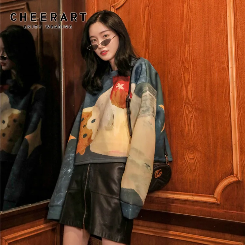CHEERART/укороченная Толстовка для женщин, милая толстовка с медведем, негабаритные корейские толстовки, пуловер, Женская толстовка, одежда