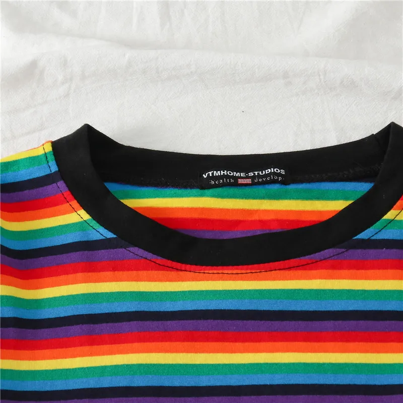 Minimalist Short Sleeve Women clothes Vogue Tops tee shirt couple clothes tshirt top Sweet Rainbow Stripe Women Summer T-Shirt