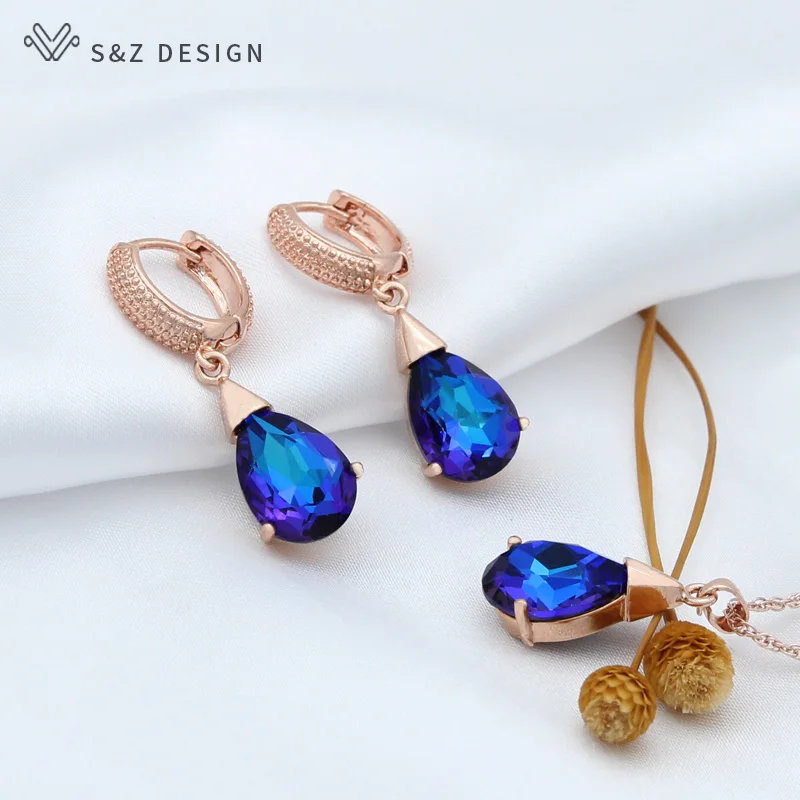 S&Z DESIGN New Fashion 585 Rose Gold Color Water Drop Crystal Dangle Earrings Jewelry Sets For Women Pendant Necklace Gift