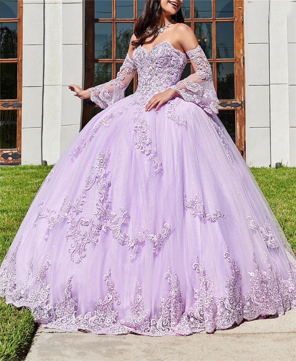 Блестящие платья из сиреневого тюля для Quinceanera элегантные с вырезом сердечком