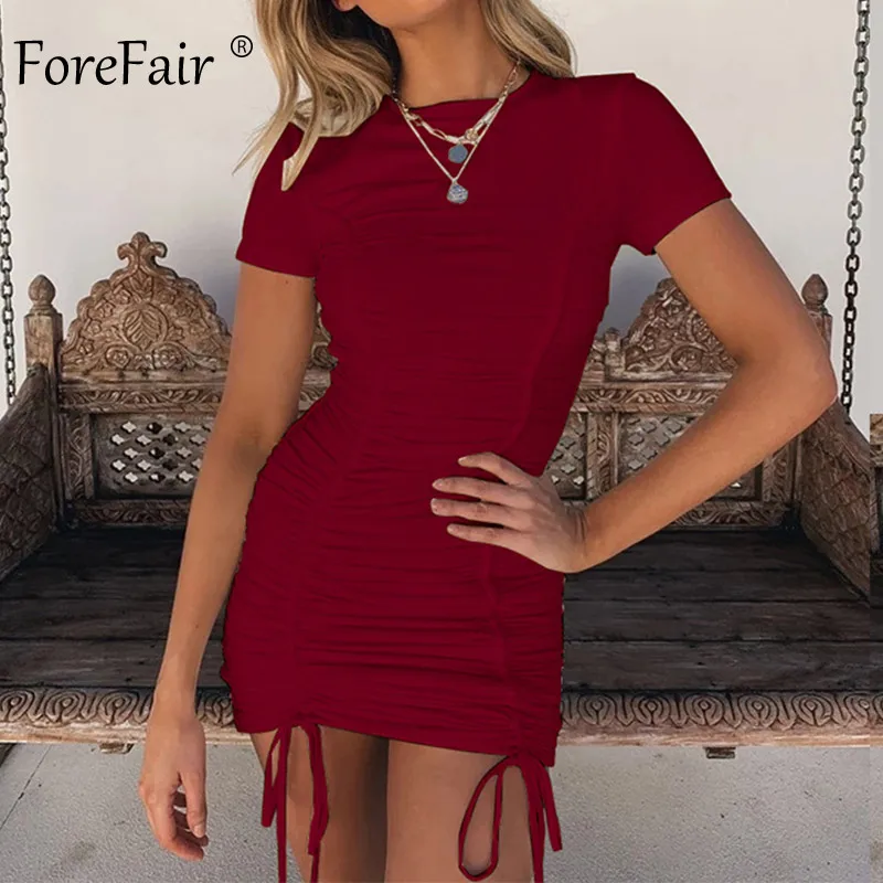 Forefair, мини сексуальное Бандажное платье, женские вечерние платья с коротким рукавом и круглым вырезом, на шнуровке, повседневное однотонное черное, желтое, белое, с рюшами, Клубное платье