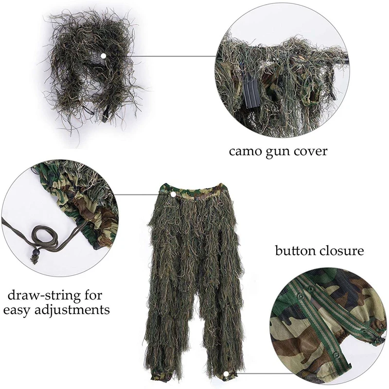 Качественный уличный костюм Ghillie, 3D, 4 предмета, с сумкой, камуфляжная одежда, камуфляжный охотничий костюм, Лесной лес, мужская, женская, детская куртка