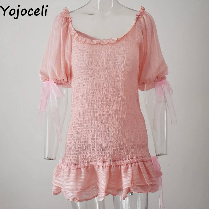 Yojoceli, элегантное платье с оборками и бантом, с открытыми плечами, летнее женское шифоновое платье для фитнеса, повседневные пляжные вечерние мини-платья, vestidos