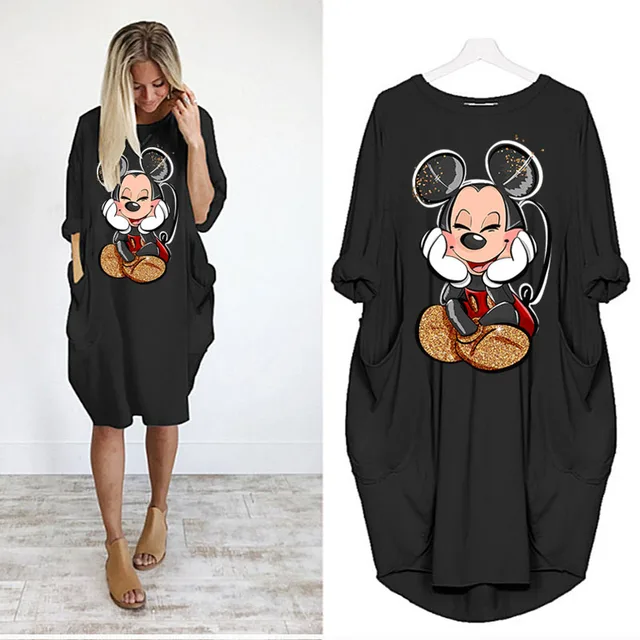 Disney Plus Size Midi Dress Long Sleeve Robe Casual Minnie Mickey Mouse Print Beach Loose Dresses Kawaii Sundress Women Clothing D002H1694 Black