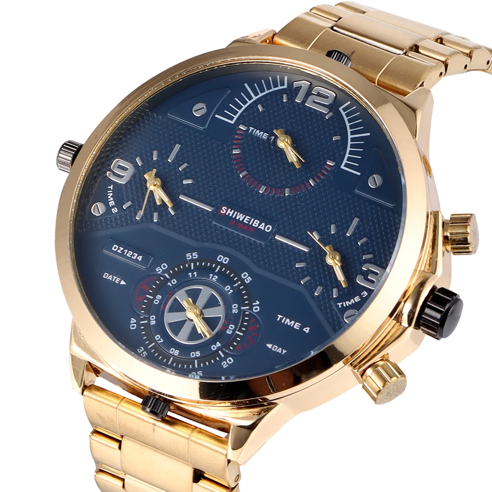 Top Brand Multiple Time Zone Watches Men Large Dial Golden Quartz Sport