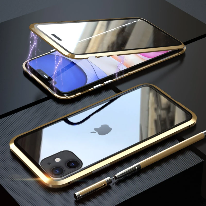360 полный защитный Магнитный чехол для iPhone 11 ударопрочный чехол для iPhone 11 PRO MAX металлический бампер 9H Передняя Задняя стеклянная крышка - Цвет: Golden