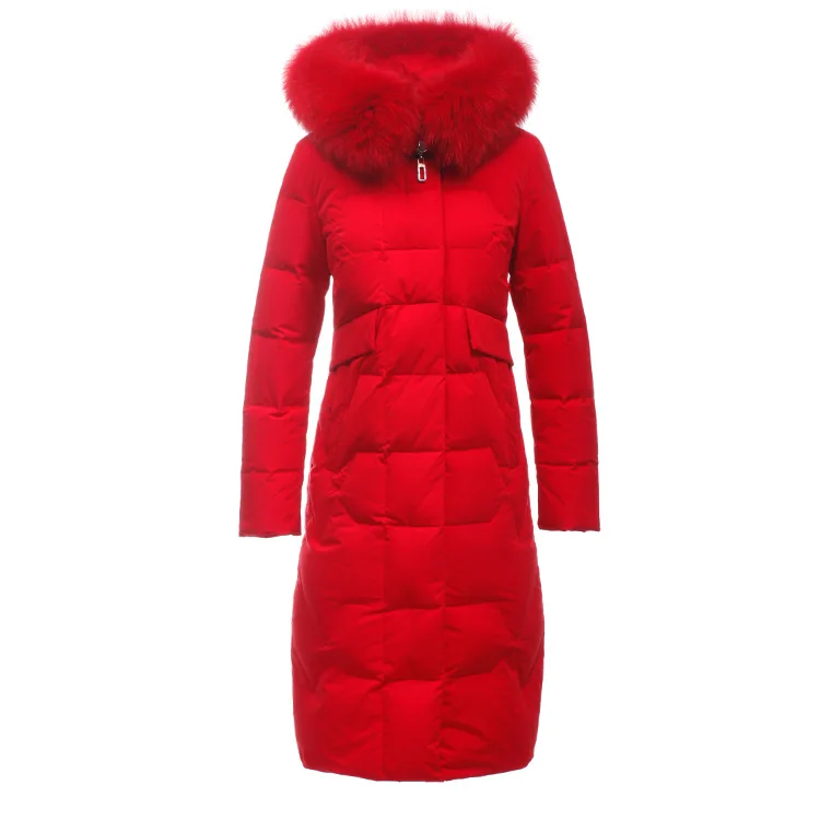 autumn and winter new solid color long-sleeved hooded down jacket fox fur collar loose casual long down jacket women