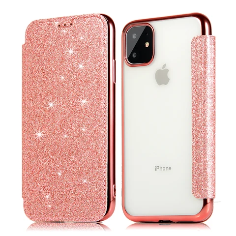Glitter Leather Flip Wallet Case For iPhone 13 12 11 Pro XS Max XR X 7 8 Plus 6s Plus SE2020 Clear Bling Back TPU Case