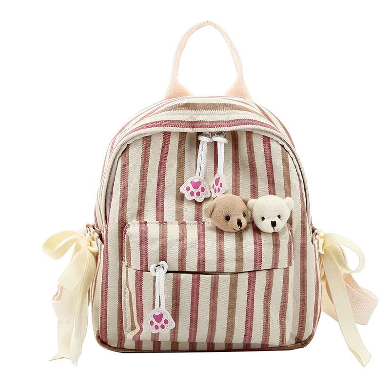 

Korean style Women Cute Striped small bear Backpack Casual Student Canvas School Bag 2019 new Cartoon zipper Ribbon Travel Bag