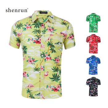 

Shenrun Men Shirts Summer Short Sleeve Palm Tree Flamingo Print Beach Hawaiian Pattern Casual Shirt For Man Red Blue Green Black